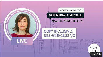 Copertina del video "Copy inclusivo design inclusivo". Sullo sfondo rosa c'è una foto di Valentina Di Michele. Ha un maglioncino rosso e una collana sgargiante. Sorride, e i capelli fanno un'onda e sembrano elettrizzati. In basso c'è il logo di Talk UX.