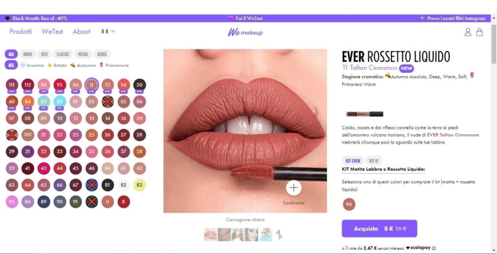 Mix di e-commerce e UX Writing nella pagina prodotto di We make-up con la foto di labbra e rossetto rosso  