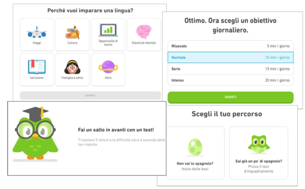 Quattro schermate di Duolingo