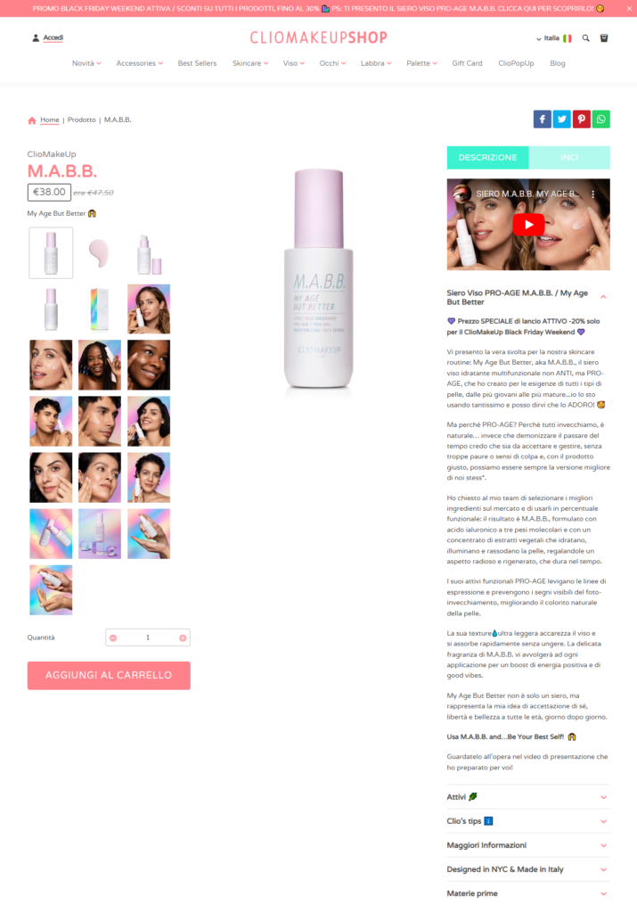 E-commerce e UX Writing: esempio di pagina prodotto del sito web di Clio MakeUp