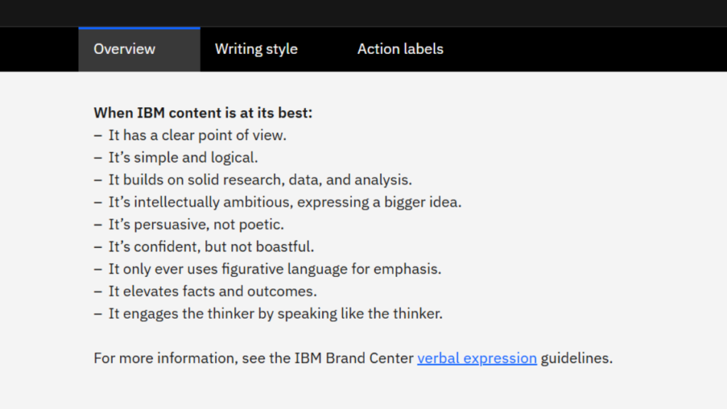 Princìpi sulla voce dei contenuti IBM estratti da Carbon Design System