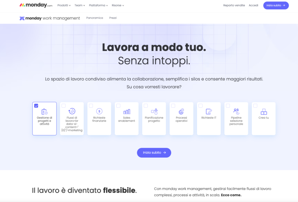 Pagina della webapp Monday con la UI completa di atomi, molecole e organismi