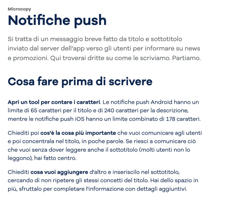Paragrafo sulla componente Notifiche push di Telepass Design System. In evidenza nell'immagine c'è il paragrafo intitolato Cosa fare prima di scrivere