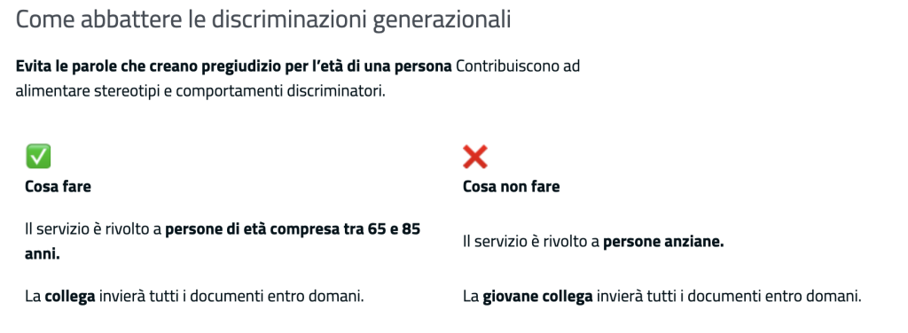 Paragrafo intitolato Come abbattere le discriminazioni generazionali, nella sezione dedicata ad Accessibilità e inclusione, estratto da Sirio il Design System di Inps
