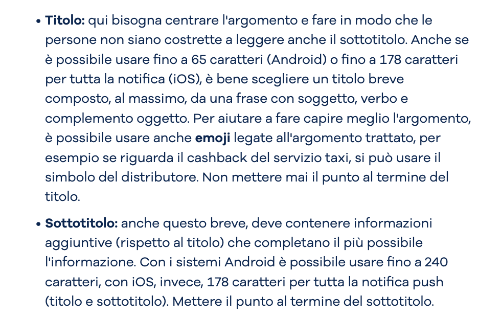 Paragrafo sulla componente Notifiche push di Telepass Design System. In evidenza nell'immagine c'è il content pattern da seguire per scrivere il testo della notifica