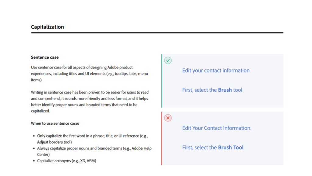 Paragrafo sull'uso delle maiuscole estratto da Spectrum, il Design System di Adobe