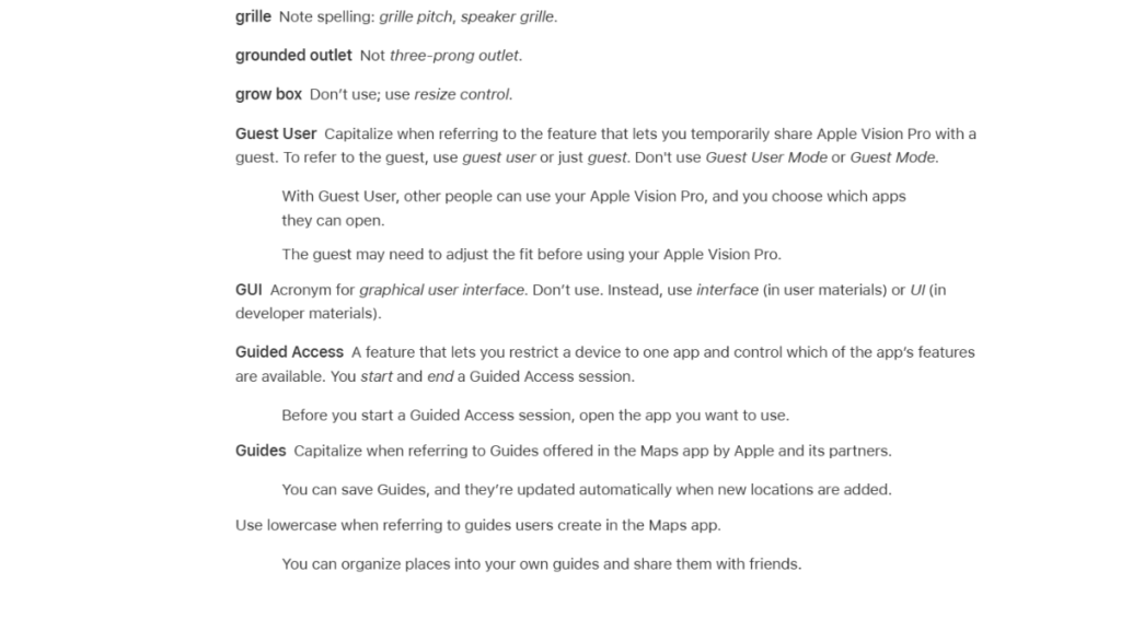 Alcune voci della lettera G della Guida di stile estratta dal Design System di Apple