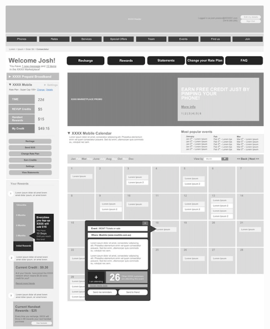 Esempio di template rappresentato da un contenuto in bianco e nero con una bozza di struttura. Contiene molecole e organismi organizzati in layout