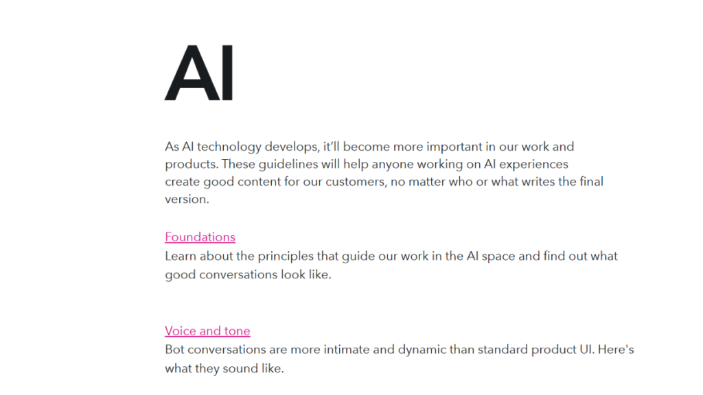 Sezione dedicata alle AI generative nel Content Design System di Intuit
