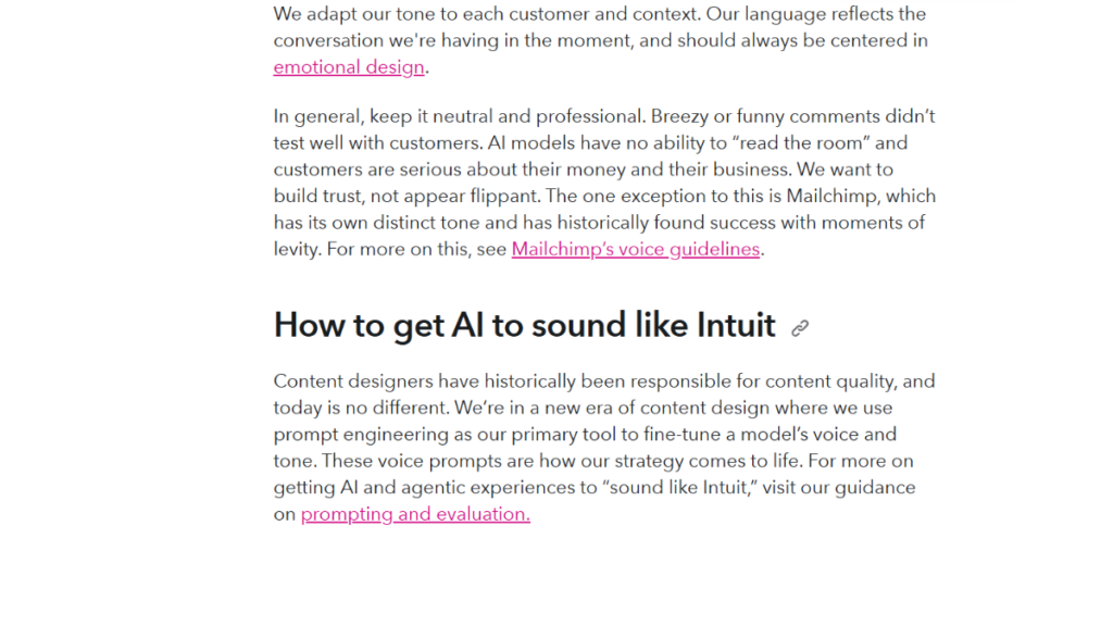 Linee guida di scrittura sul tono delle AI generative nel Content Design System di Intuit