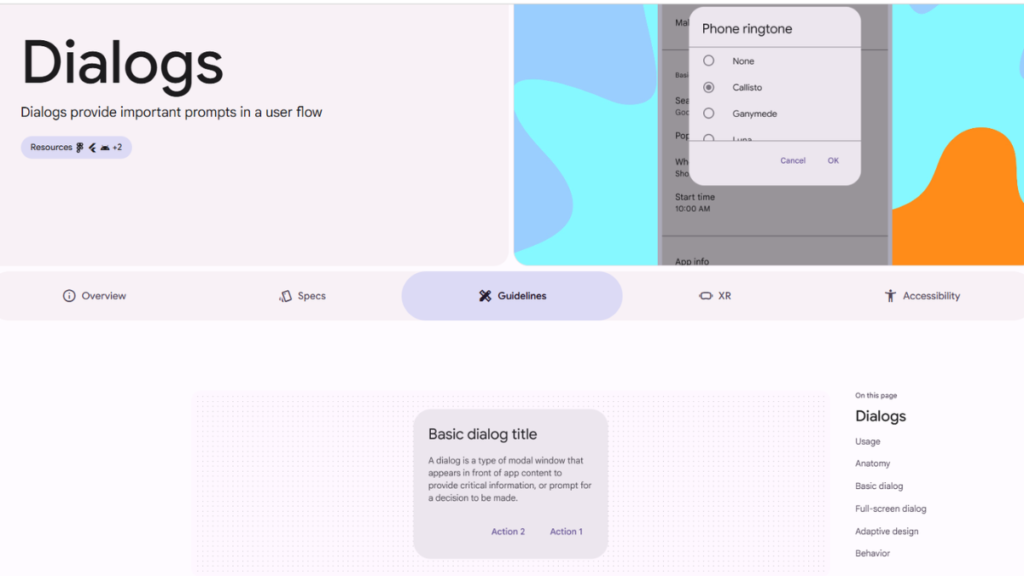 Panoramica delle linee guida sull'uso della componente Dialog nel Design System di Google, Material Design