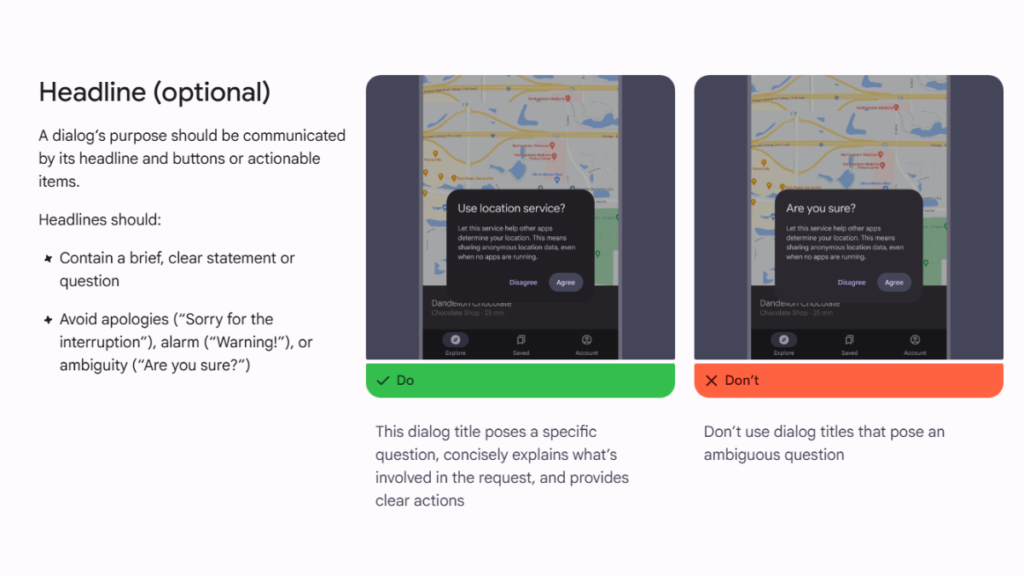 Pattern del titolo della componente Dialog nel Design System di Google, Material Design