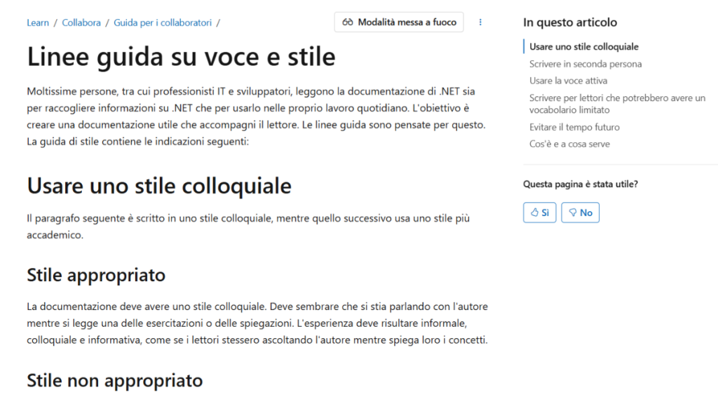 Pagina delle linee guida su voce e stile di Microsoft per i collaboratori con l'introduzione e i primi paragrafi