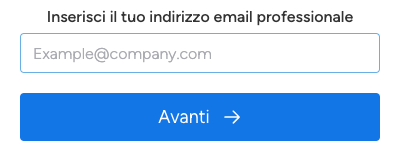 Molecola del form della webapp Monday. La molecola è composta da: etichetta (Inserisci il tuo indirizzo email professionale), campo di input con un esempio (Example@company.com) e pulsante di call to action con il testo Avanti e un freccia verso destra
