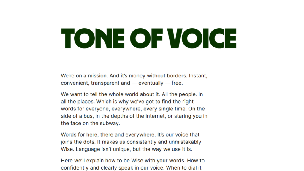 Sezione sul Tono di Voce estratta dal Design System di Wise